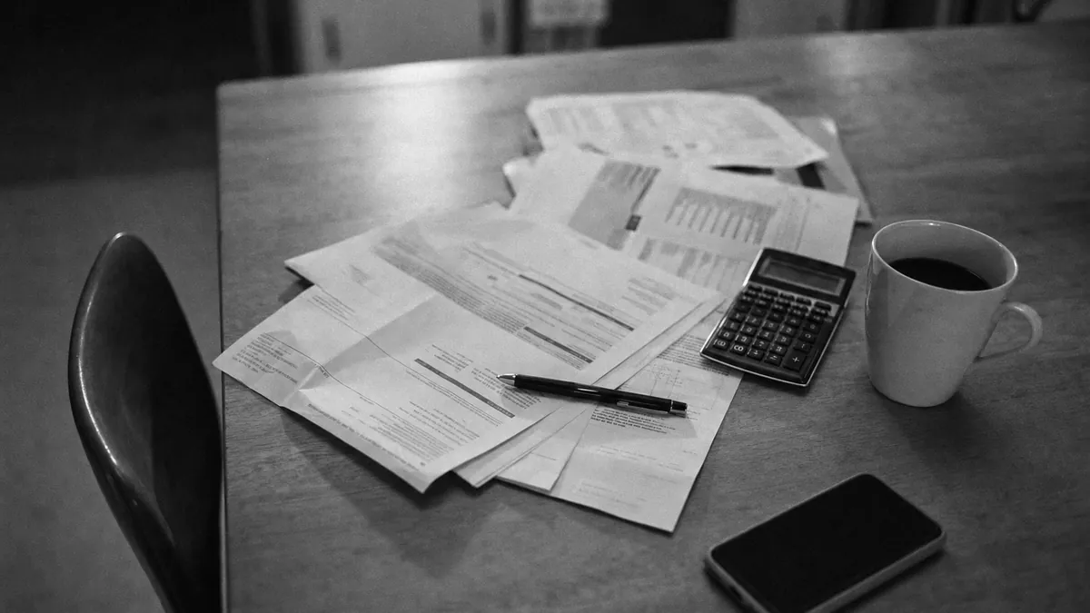 Bills, a calculator and a phone on a kitchen table at night