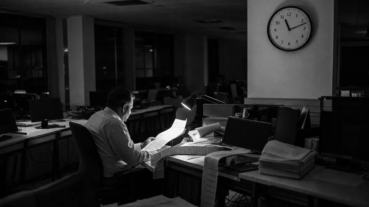 Night shift in a bank payments back office, a clerk checking printed settlement batches beneath a wall clock